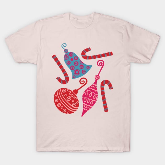 CHRISTMAS ORNAMENTS AND CANDY CANES Winter Holiday Pink Red Blue - UnBlink Studio by Jackie Tahara T-Shirt by UnBlink Studio by Jackie Tahara